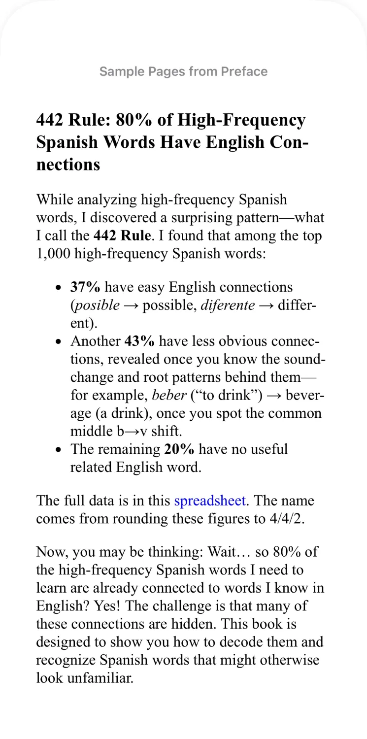Decode Spanish, 442 Rule: 80% of High-Frequency Spanish Words Have English Connections. Around 40% have obvious related English words that English speakers can recognize immediately. Another 40% have less obvious related English words. Book Outline
