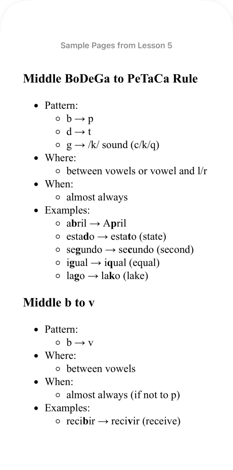 Decode Spanish top sound change pattern middle BoDeGa to PeTaCa Rule, middle B to V