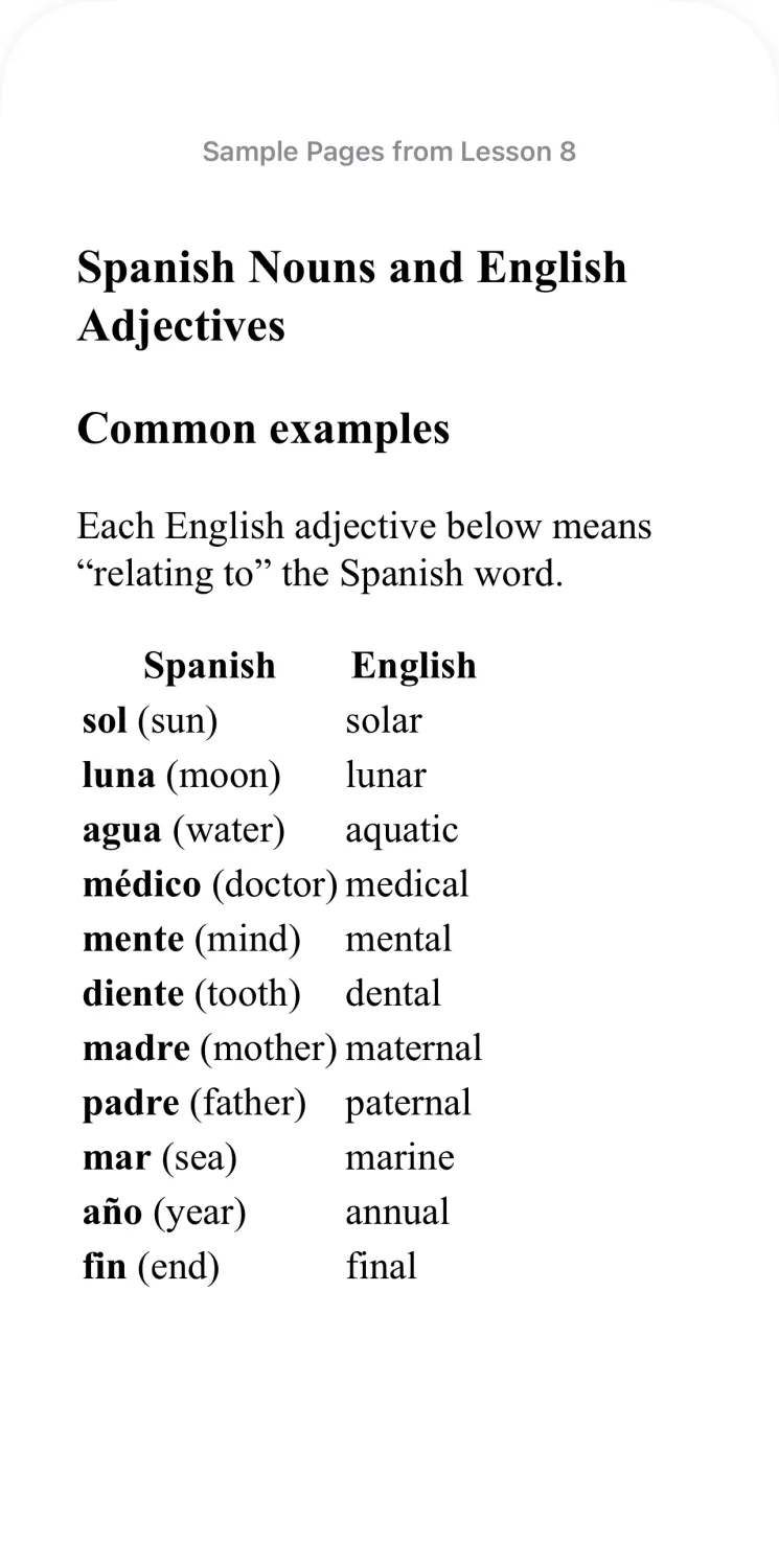 Decode Spanish: word type, Spanish noun and English adjective