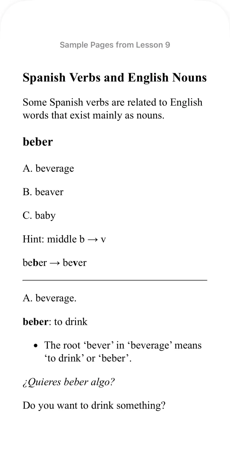 Decode Spanish: word type, Spanish verb and English noun, bever and beverage