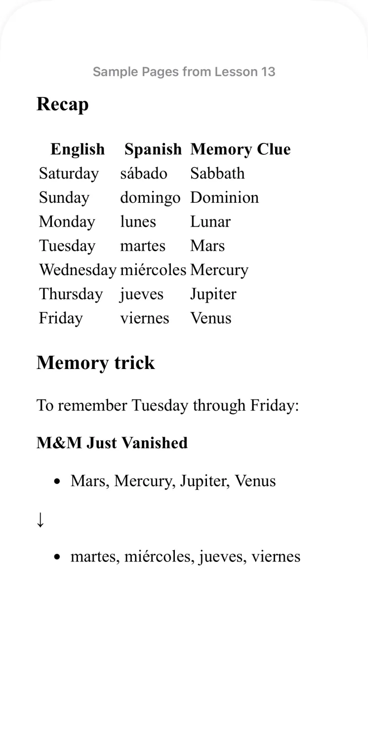 Decode Spanish: days of the week through words you know planet names mars mercury Jupiter Venus sabbath dominion lunar