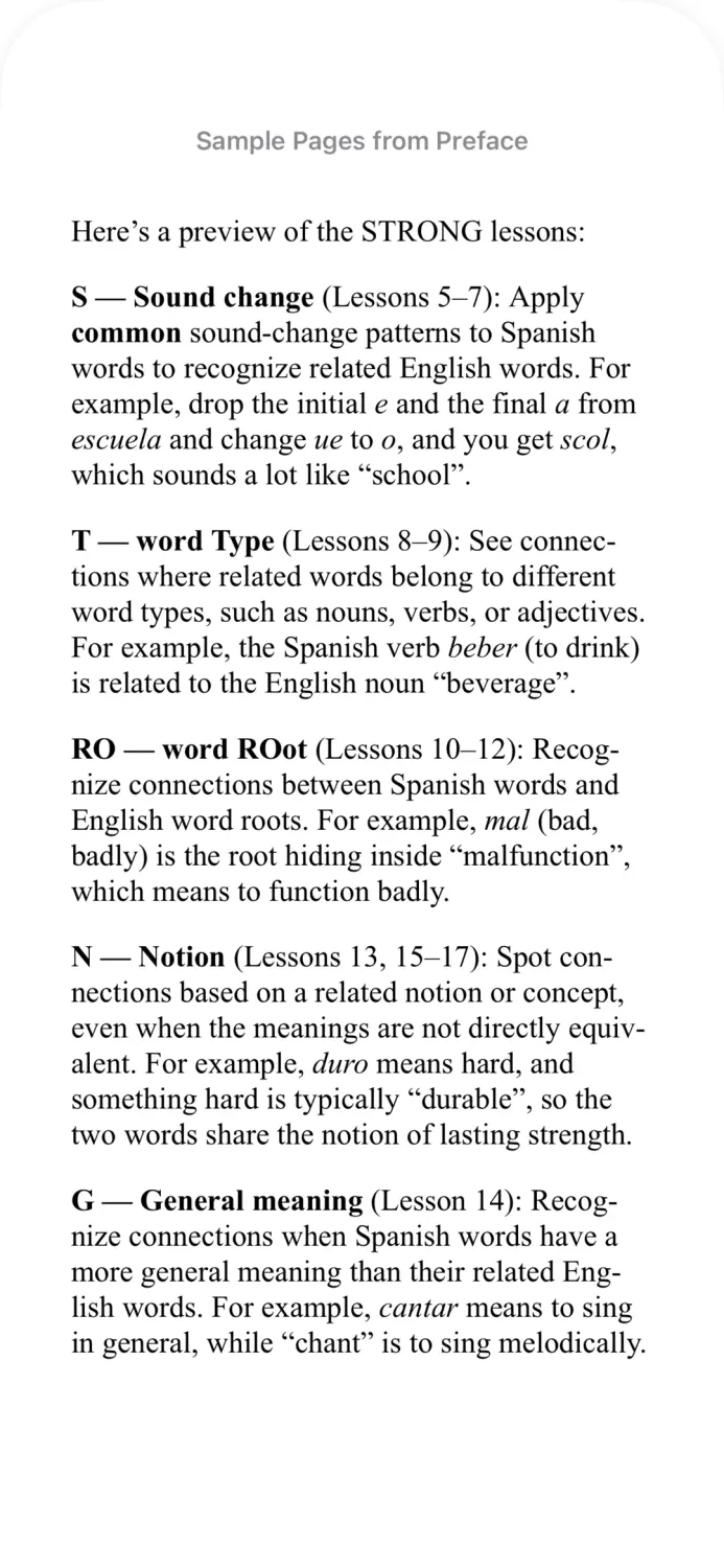 Decode Spanish: Preview of the STRONG Decoding System: S — Sound change, T — word Type, RO — word ROot, N — Notion, G — General meaning