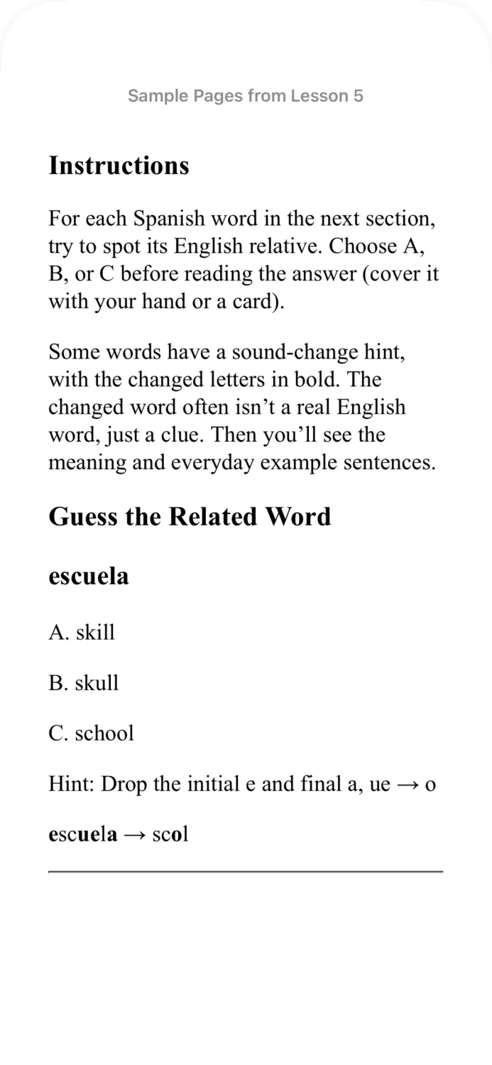 Decode Spanish sound change guess the related word escuela school