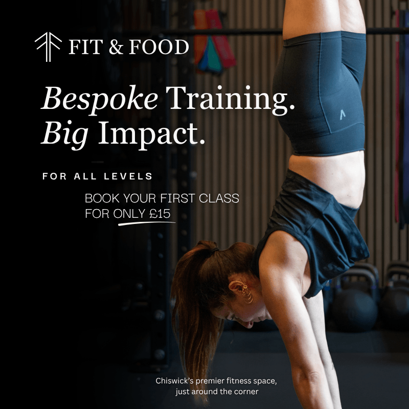 Bespoke Training advert, dark layout with a personal trainer photograph