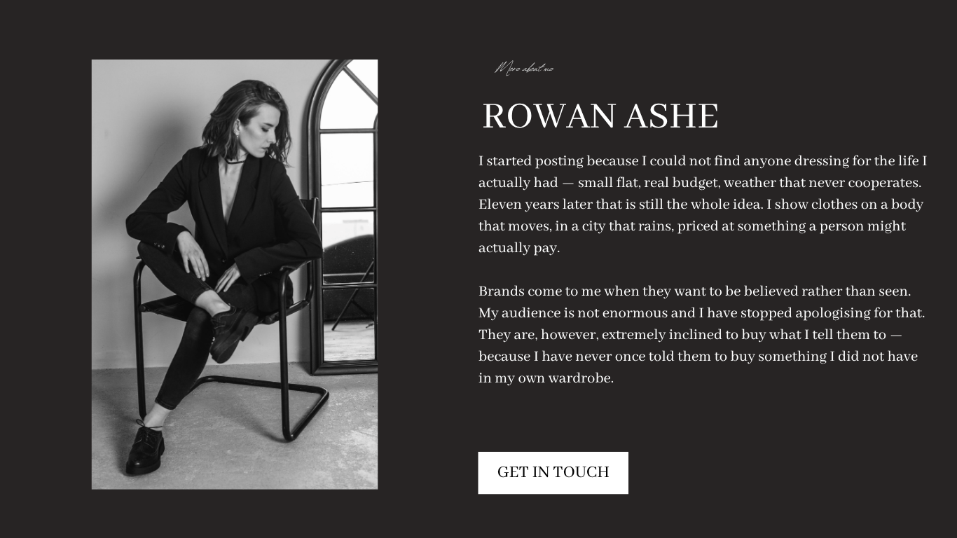Owen Ash website page, dark layout with a seated portrait