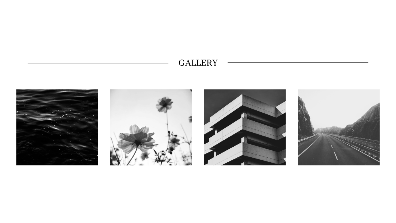 Gallery section showing four black and white photographs