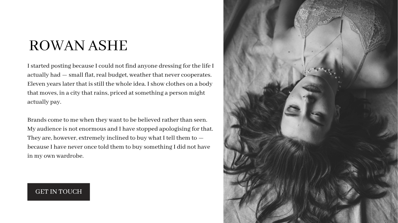 Rowan Ashe about page with a black and white portrait