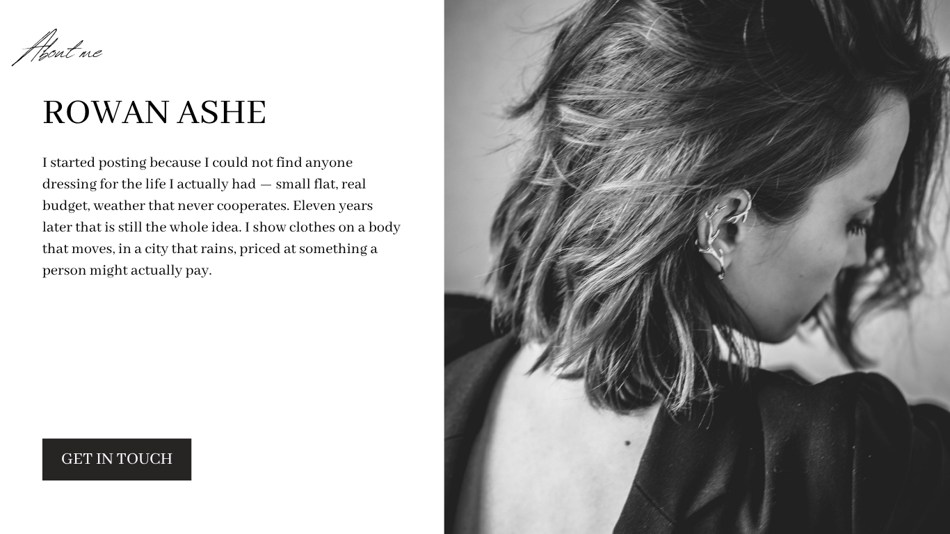 Rowan Ashe website page with a black and white portrait