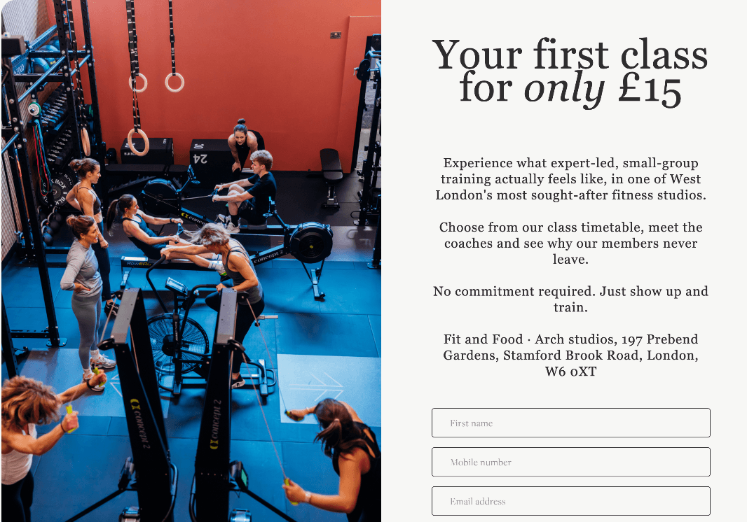 Gym class advert offering a first class for fifteen pounds