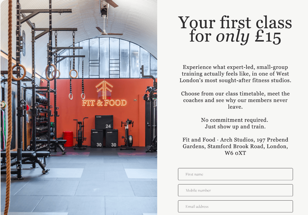 Gym website page showing studio interior and class details