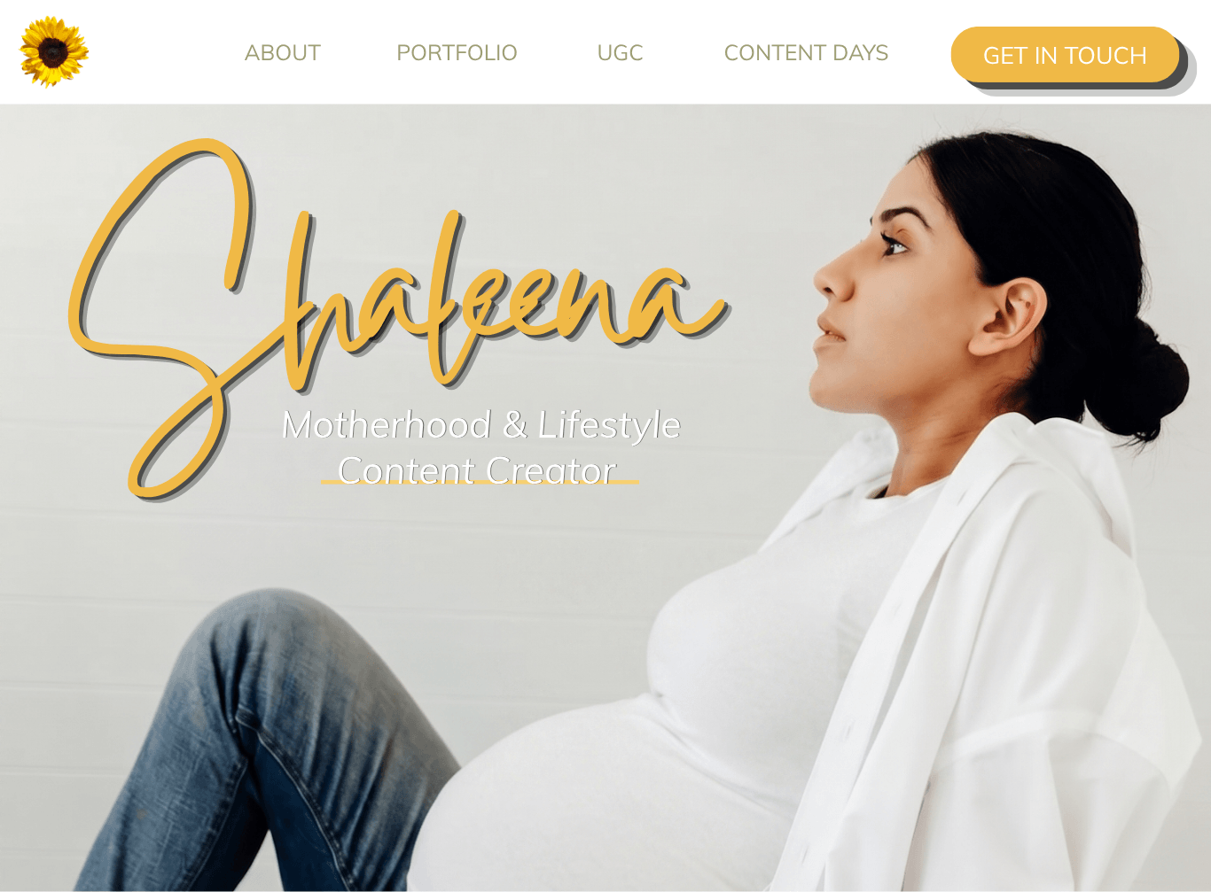 Shakeena brand website hero, gold script logo over a portrait