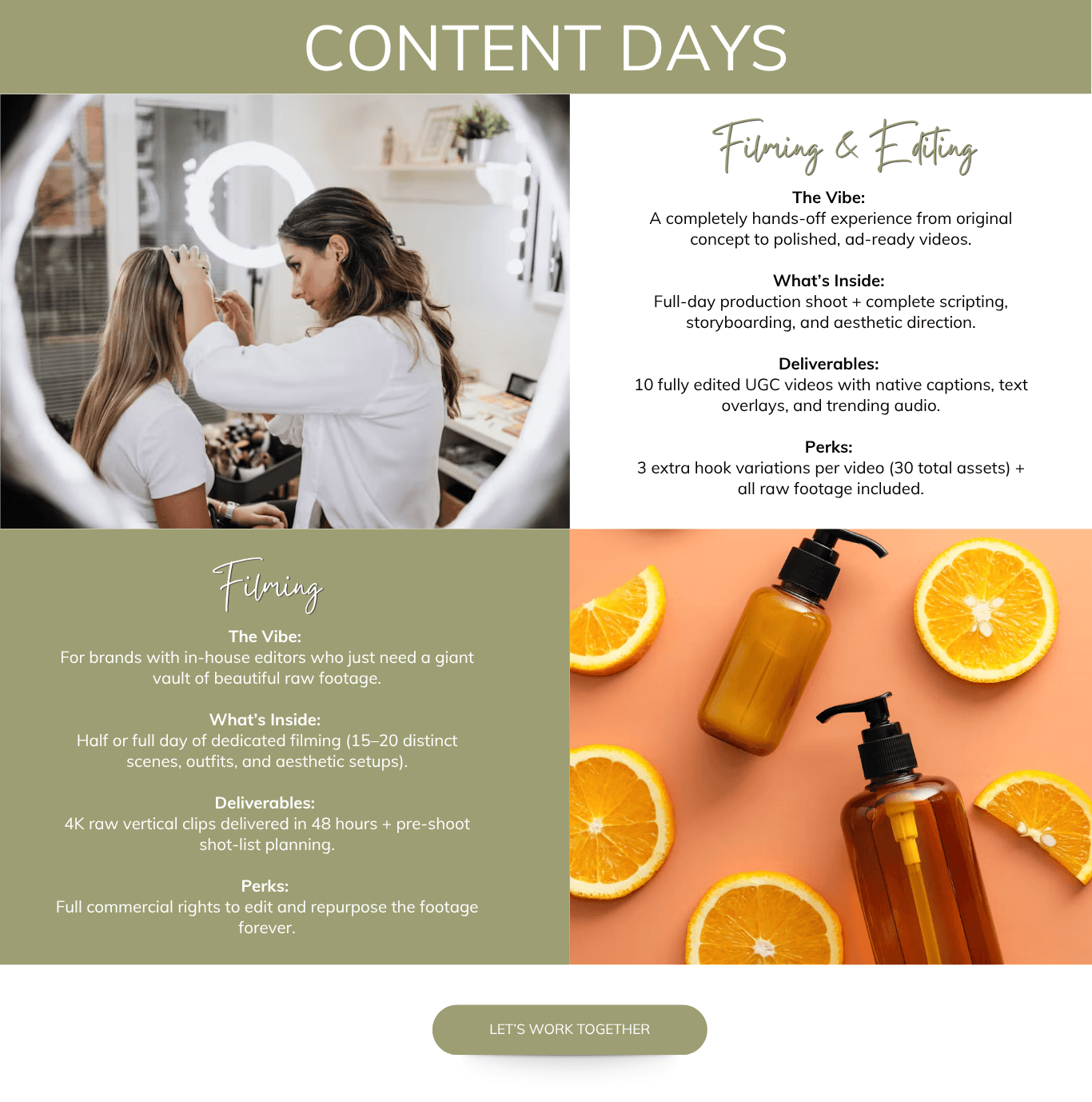 Skincare and wellness page with treatment photographs and product shots