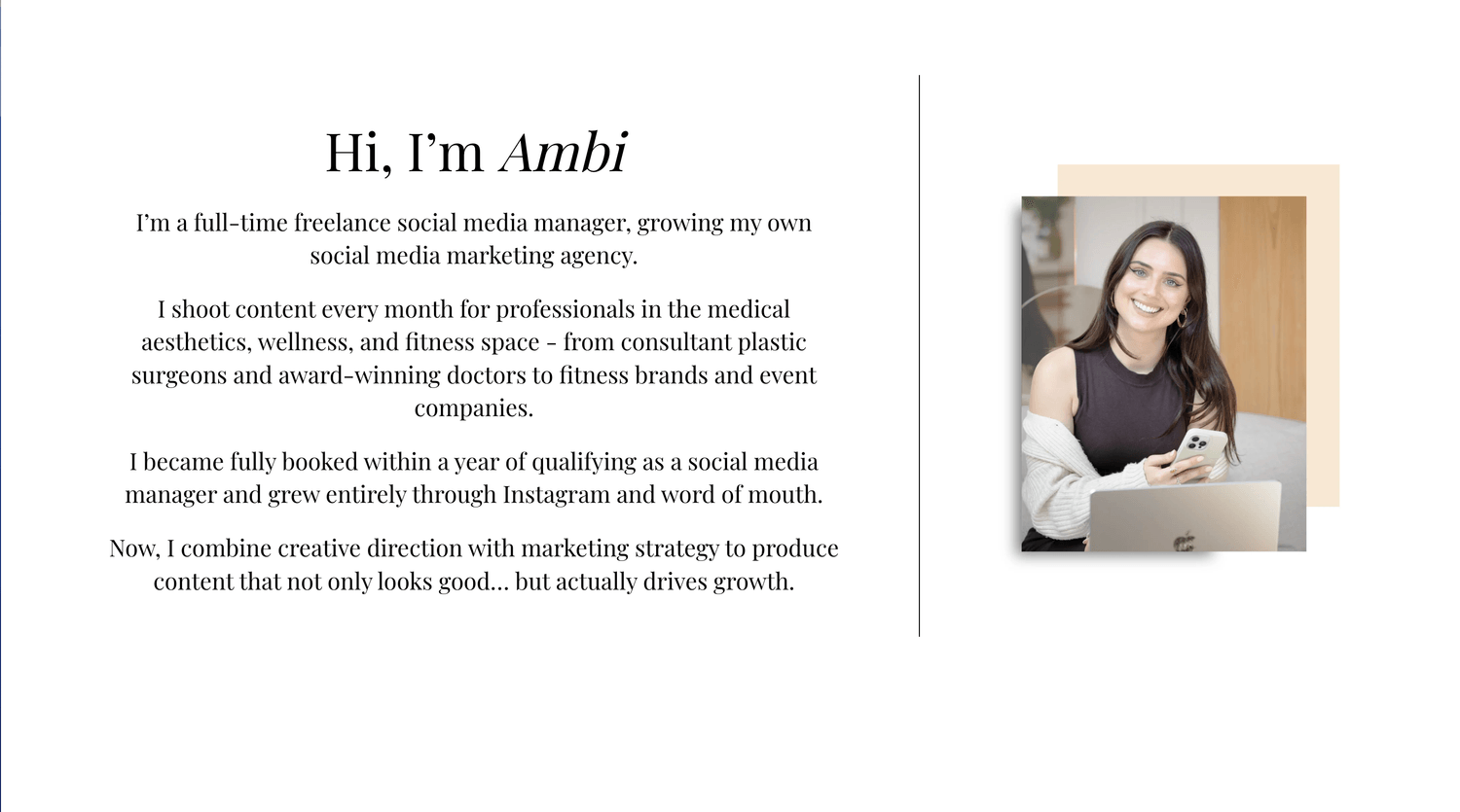 About page introducing the founder, with headshot and short bio