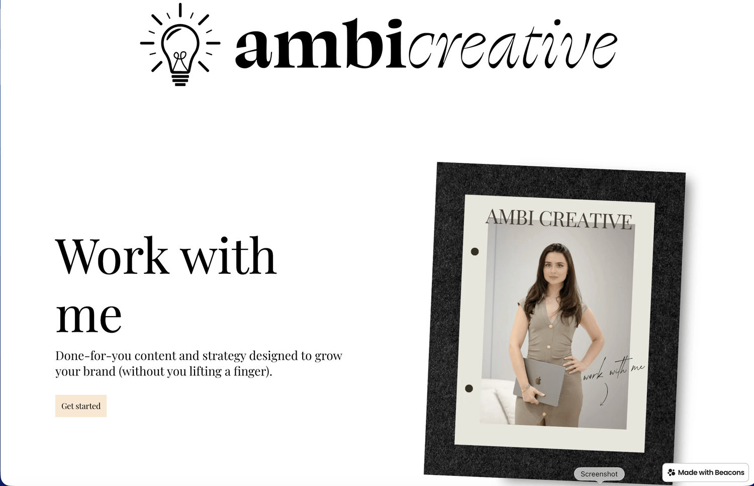Ambi Creative work with me page shown in a framed mockup