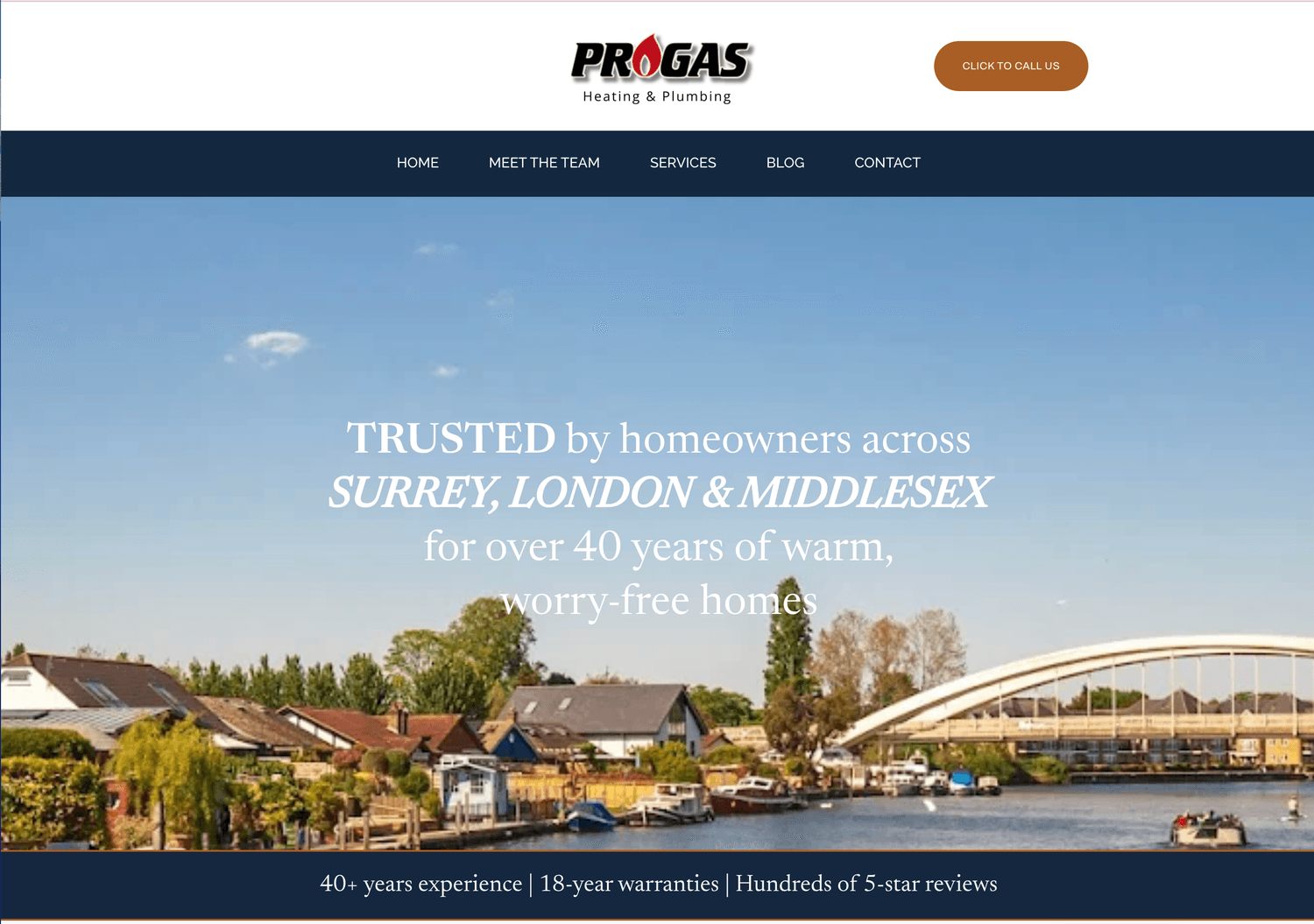 Property website hero showing a riverside London view