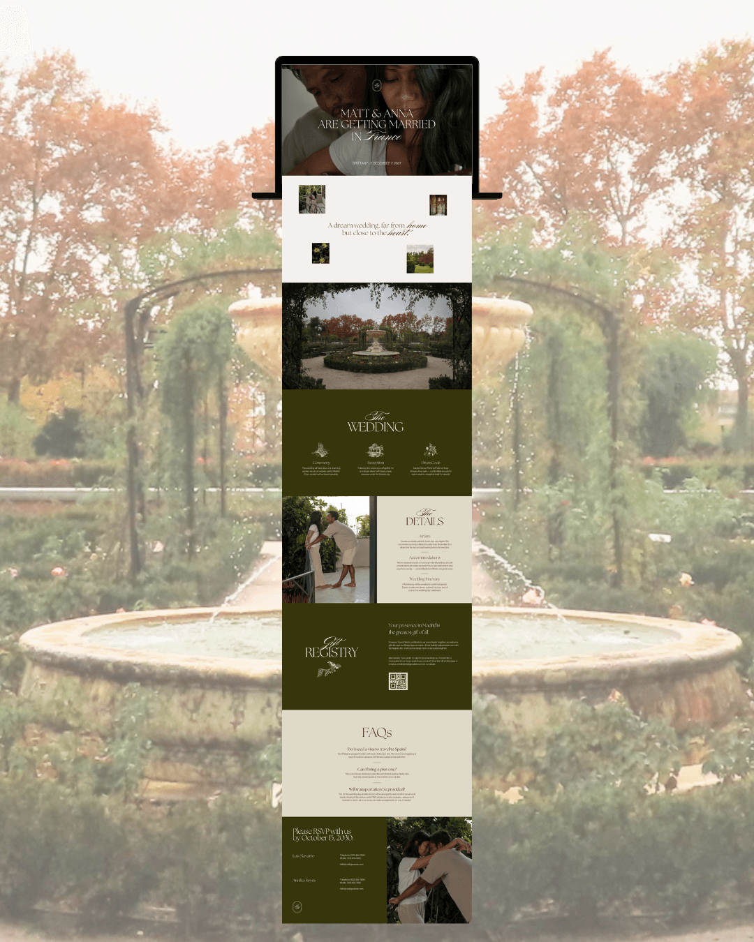 Website page laid over a garden photograph, olive and cream palette