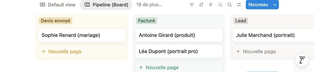 Pipeline en vue Kanban — Lead, Devis envoyé, Facturé