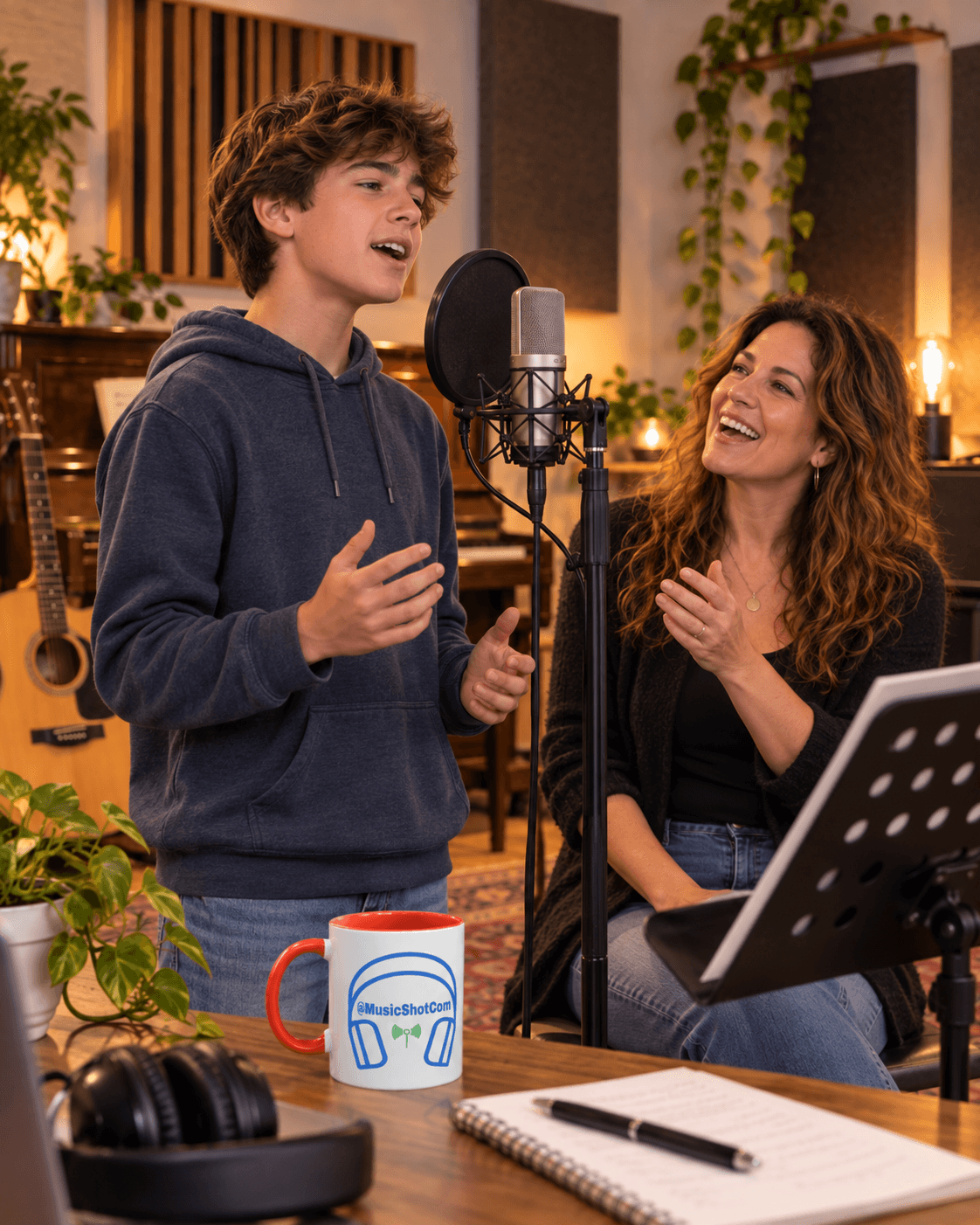 warm joyful singer cozy music studio microphone piano