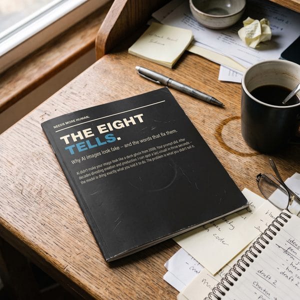 The Eight Tells guide, cover propped on a desk.