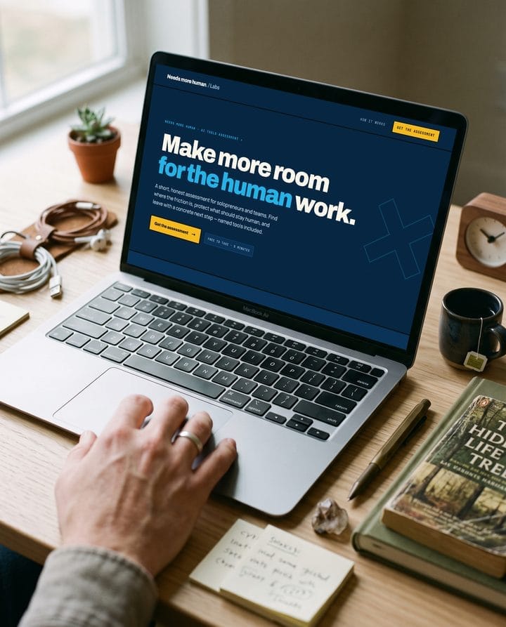 The AI assessment tool on a laptop screen, headline reading Make more room for the human work.