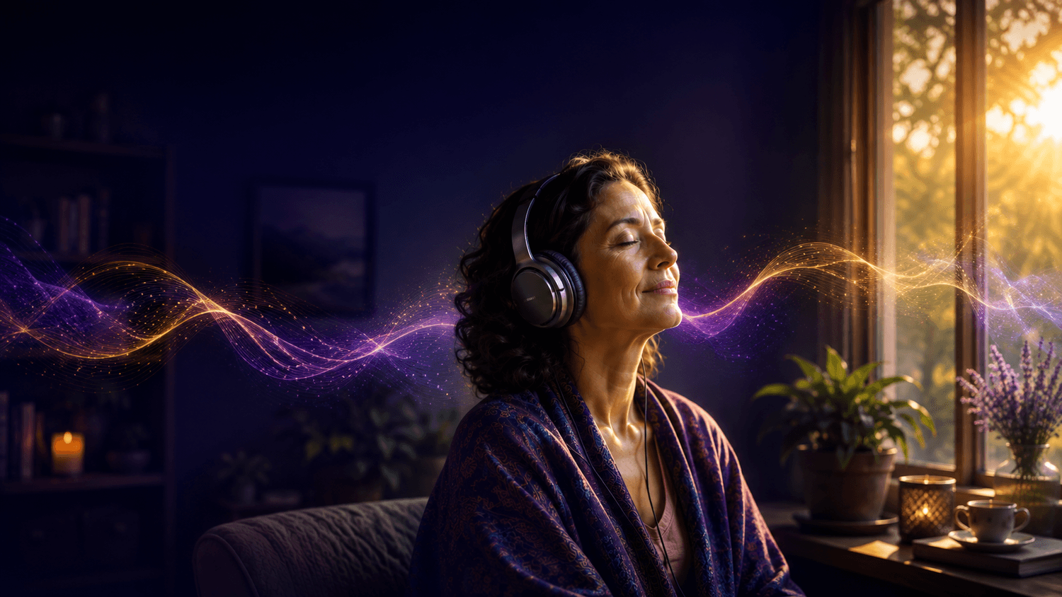 Woman listening to a morning audio track with headphones by a bright window