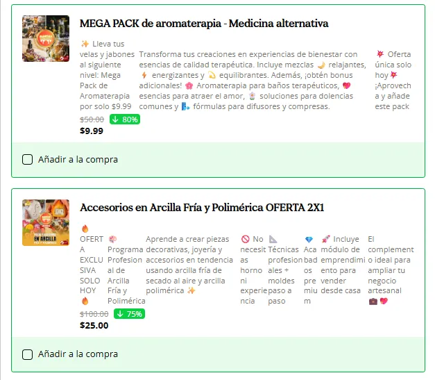 Cursos complementarios opcionales disponibles durante el proceso de pago