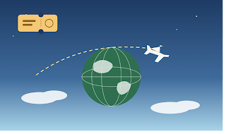 International flight booking guide illustration with globe, airplane and ticket – Nova Travel BD