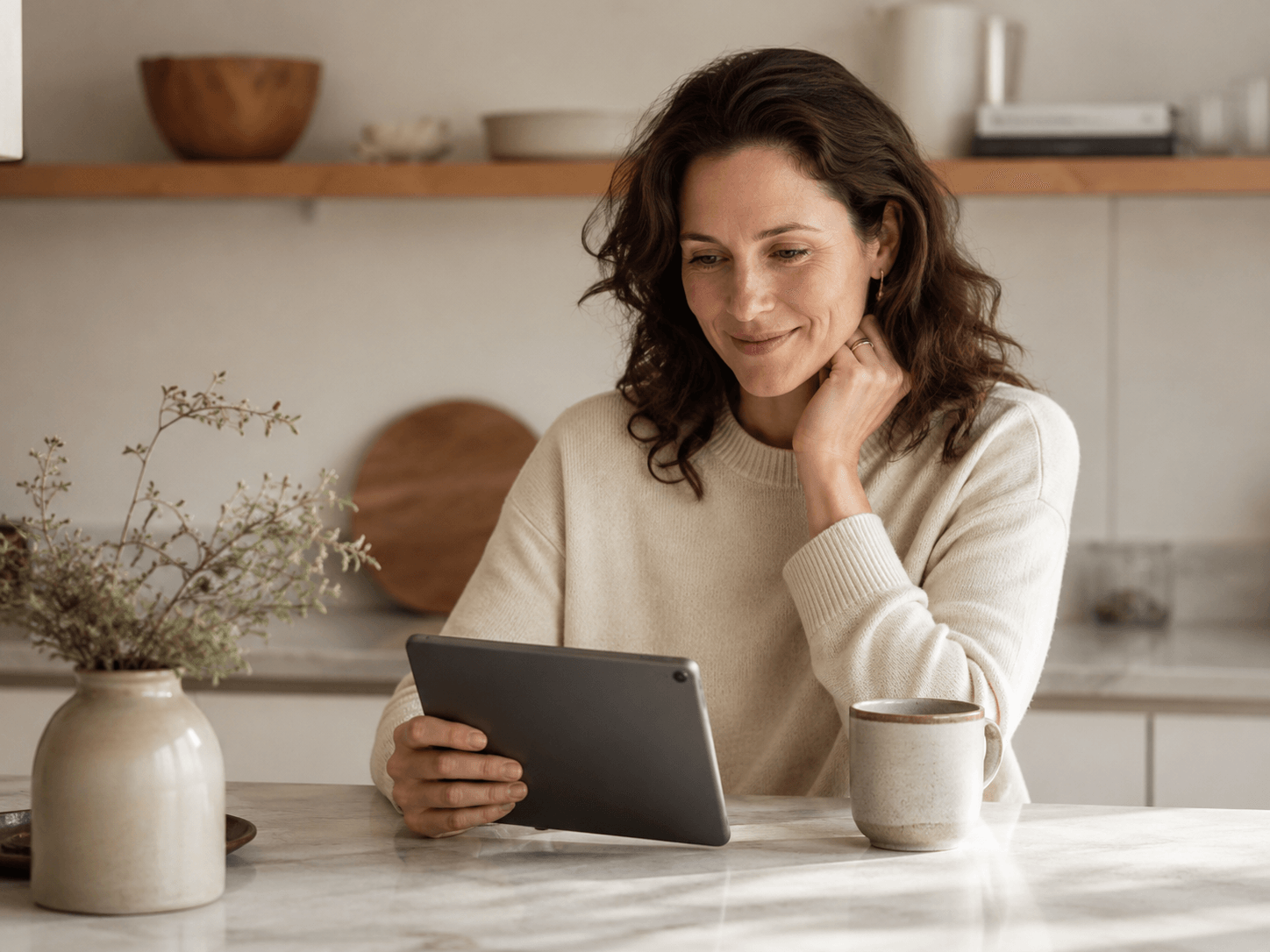 Une femme découvre l'IA sur sa tablette, dans sa cuisine