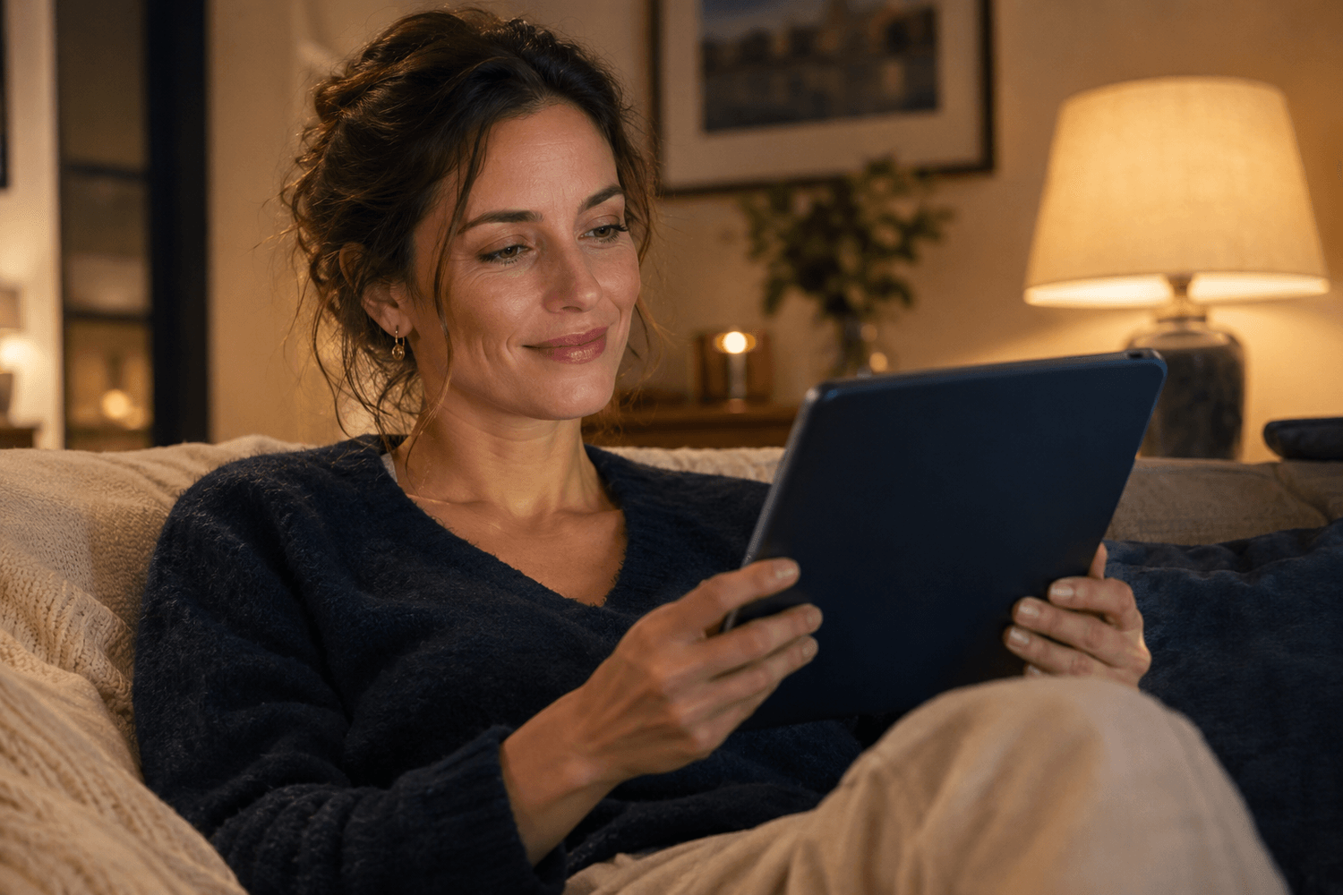 Une femme lit sur sa tablette, le soir, dans son canapé