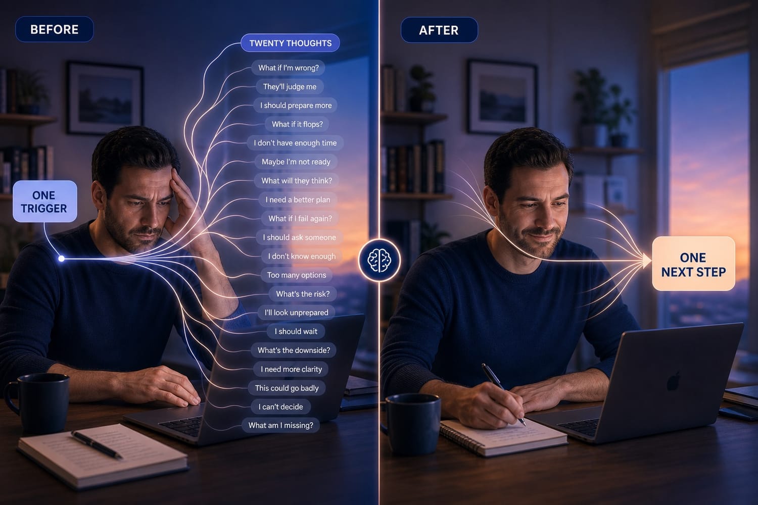 Before and after transformation from many anxious thoughts to one clear next step