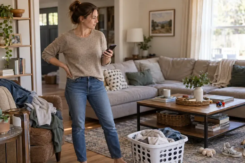 A woman checks her phone beside a living room with everyday clutter.