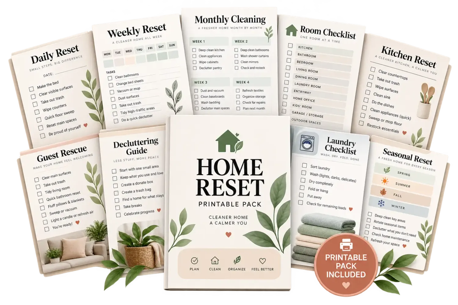 Home Reset Printable Pack cover surrounded by Daily Reset, Weekly Reset, Monthly Cleaning, Room Checklist, Kitchen Reset, Guest Rescue, Decluttering Guide, Laundry Checklist and Seasonal Reset pages.