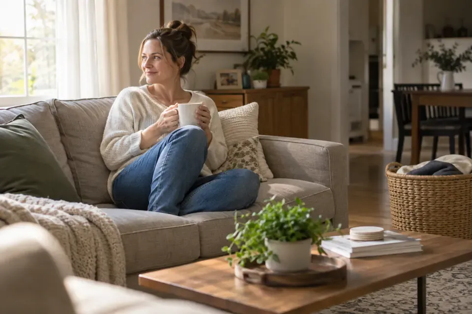 A woman relaxes with a drink in a comfortably reset living room with clear surfaces and contained laundry.
