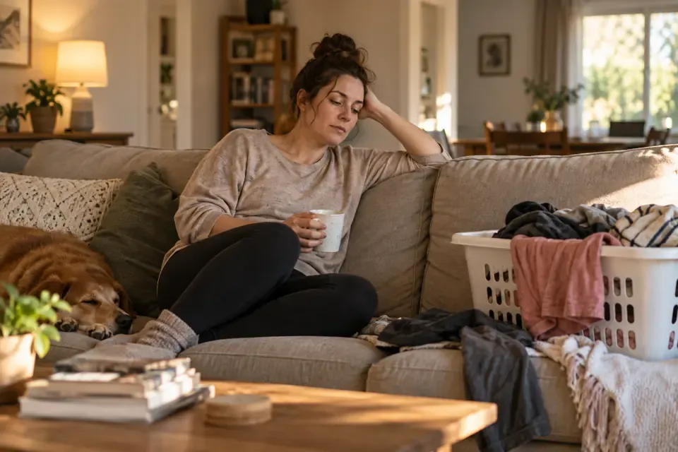 A woman takes a quiet break on the sofa with a laundry basket nearby.