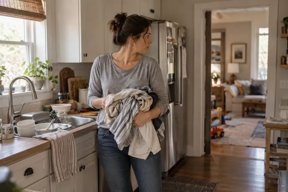 A woman pauses beside kitchen dishes, holding laundry and looking toward another room.