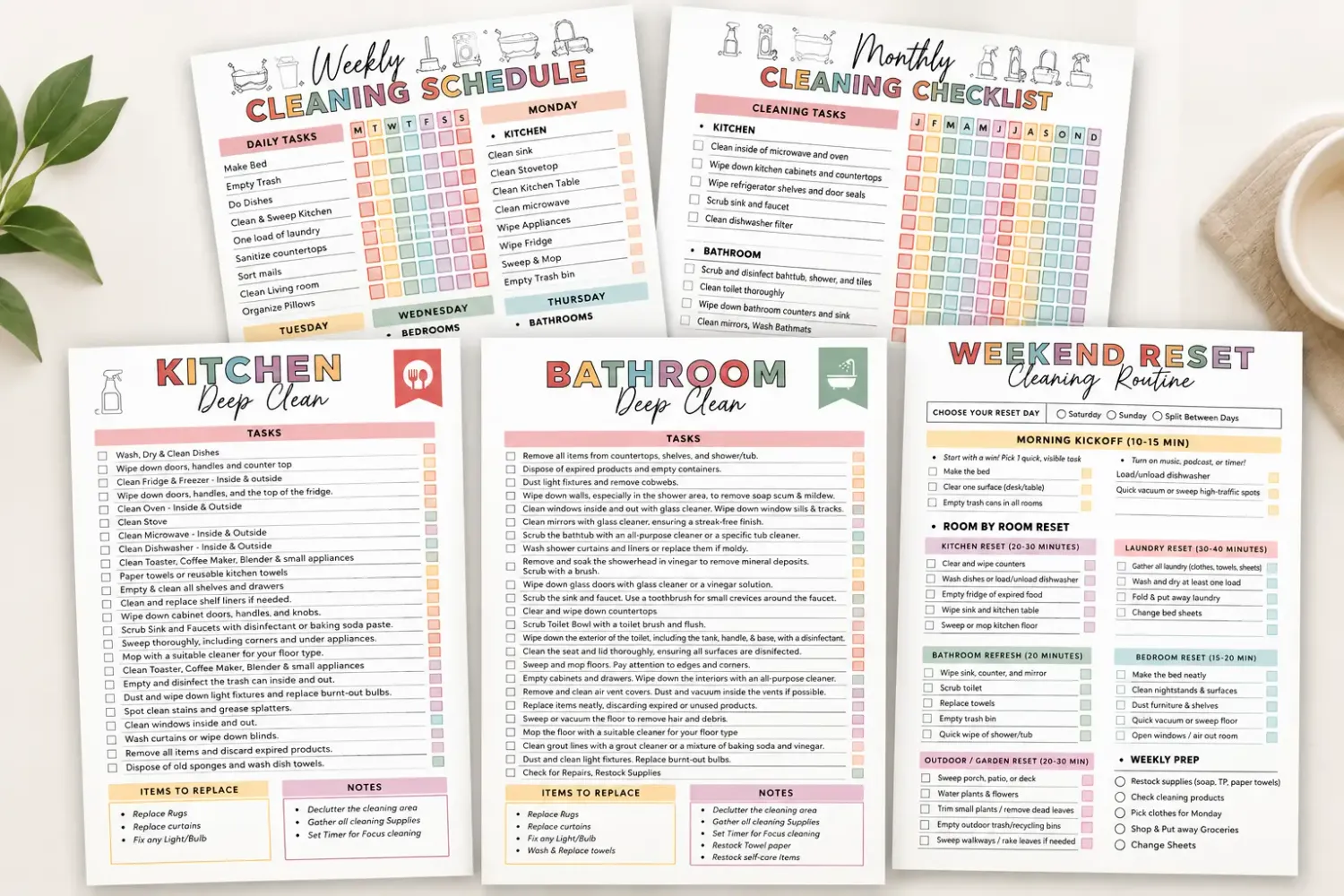 Weekly, monthly and room-by-room pages inside the ADHD Cleaning Planner