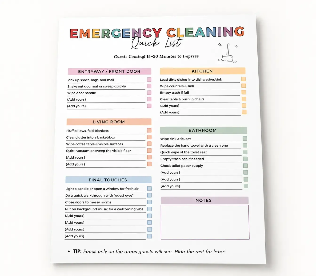Emergency Cleaning Quick List printable