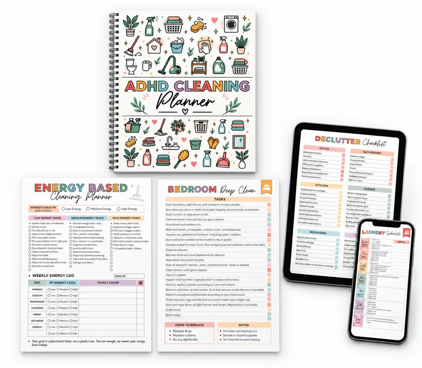 ADHD Cleaning Planner in print, on a phone and on a tablet