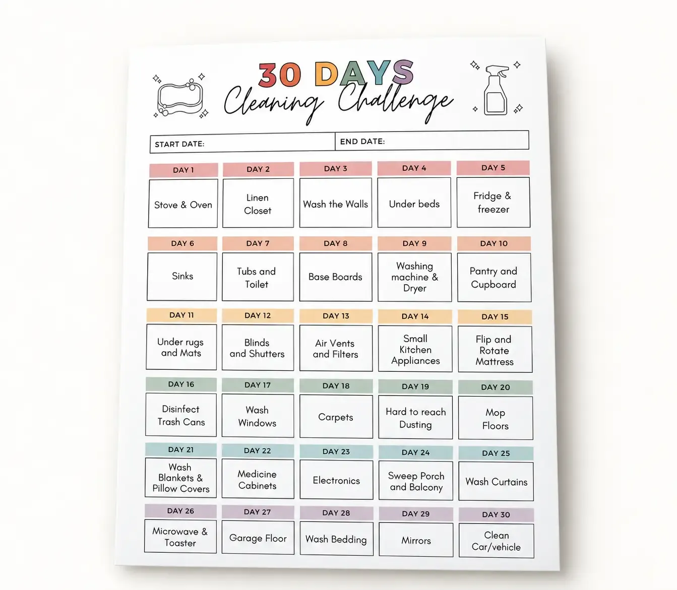 30-Day Cleaning Challenge printable