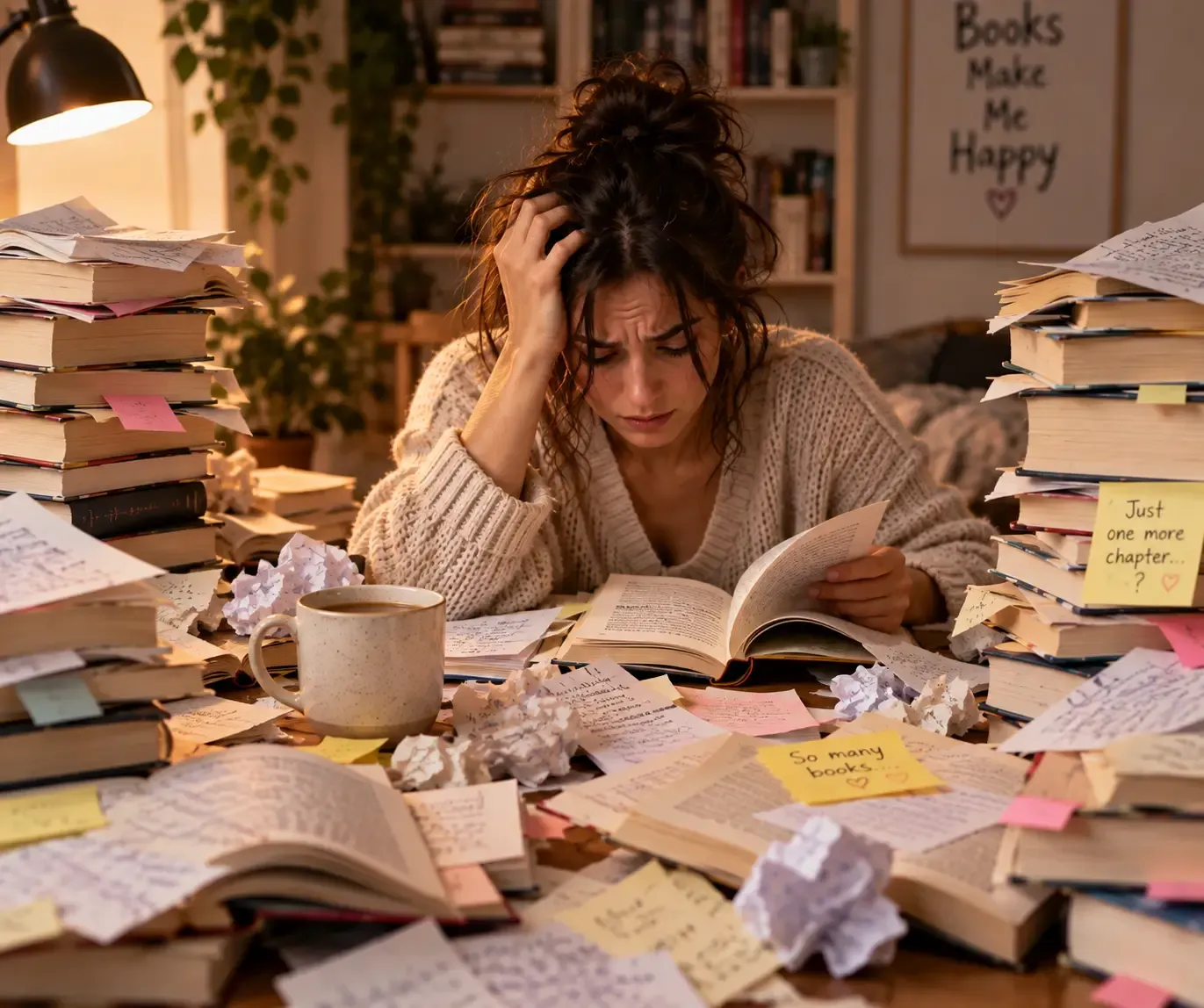 A book lover surrounded by books, scattered reading notes and loose papers.