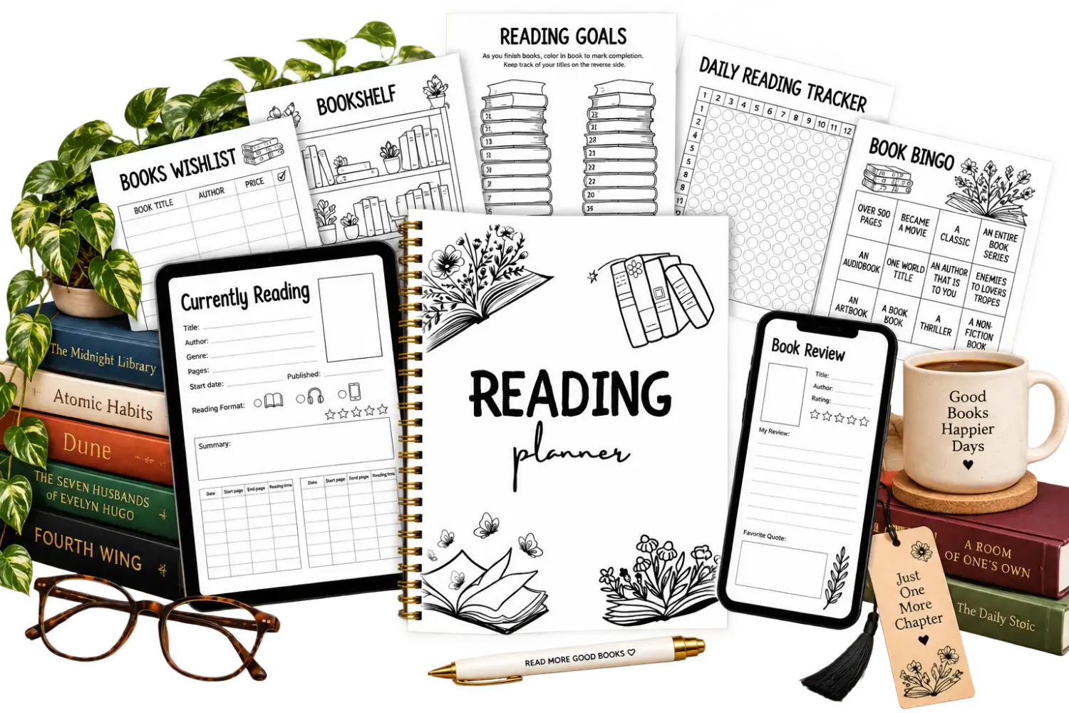 The complete Reading Planner ecosystem with spiral planner, printable pages, tablet, phone and bookish props.