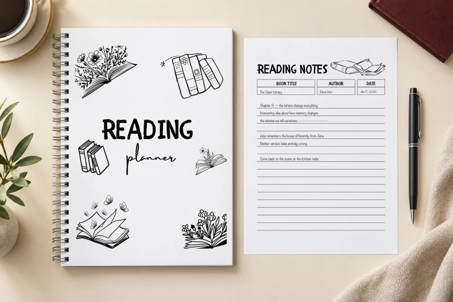 Printed Reading Planner notebook beside an original Reading Notes page with example handwriting.