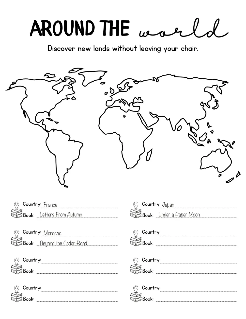 Around the World with illustrative filled-in entries