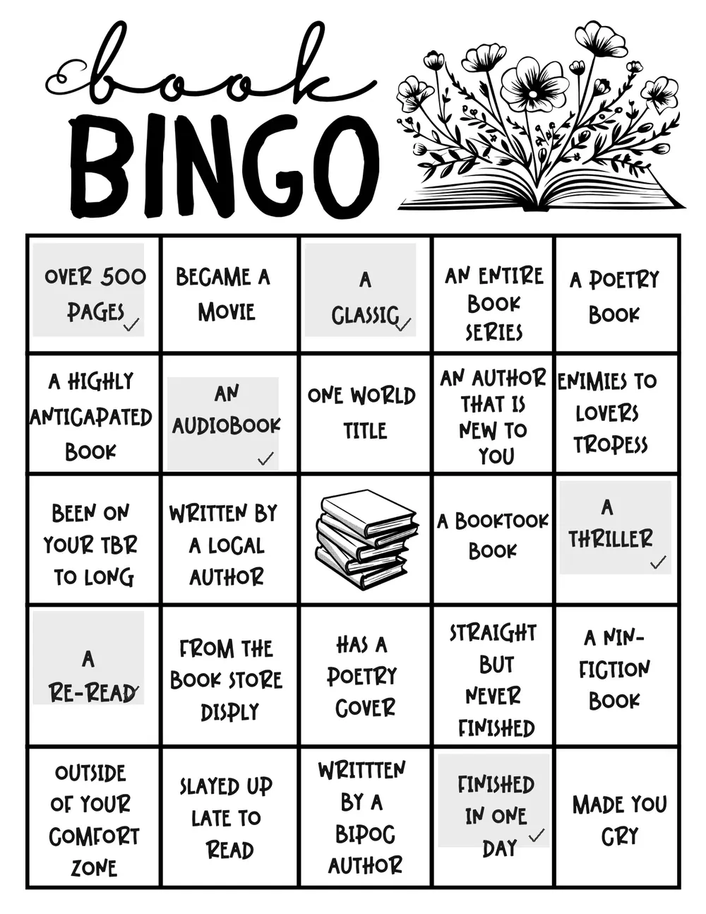 Book Bingo with illustrative filled-in entries