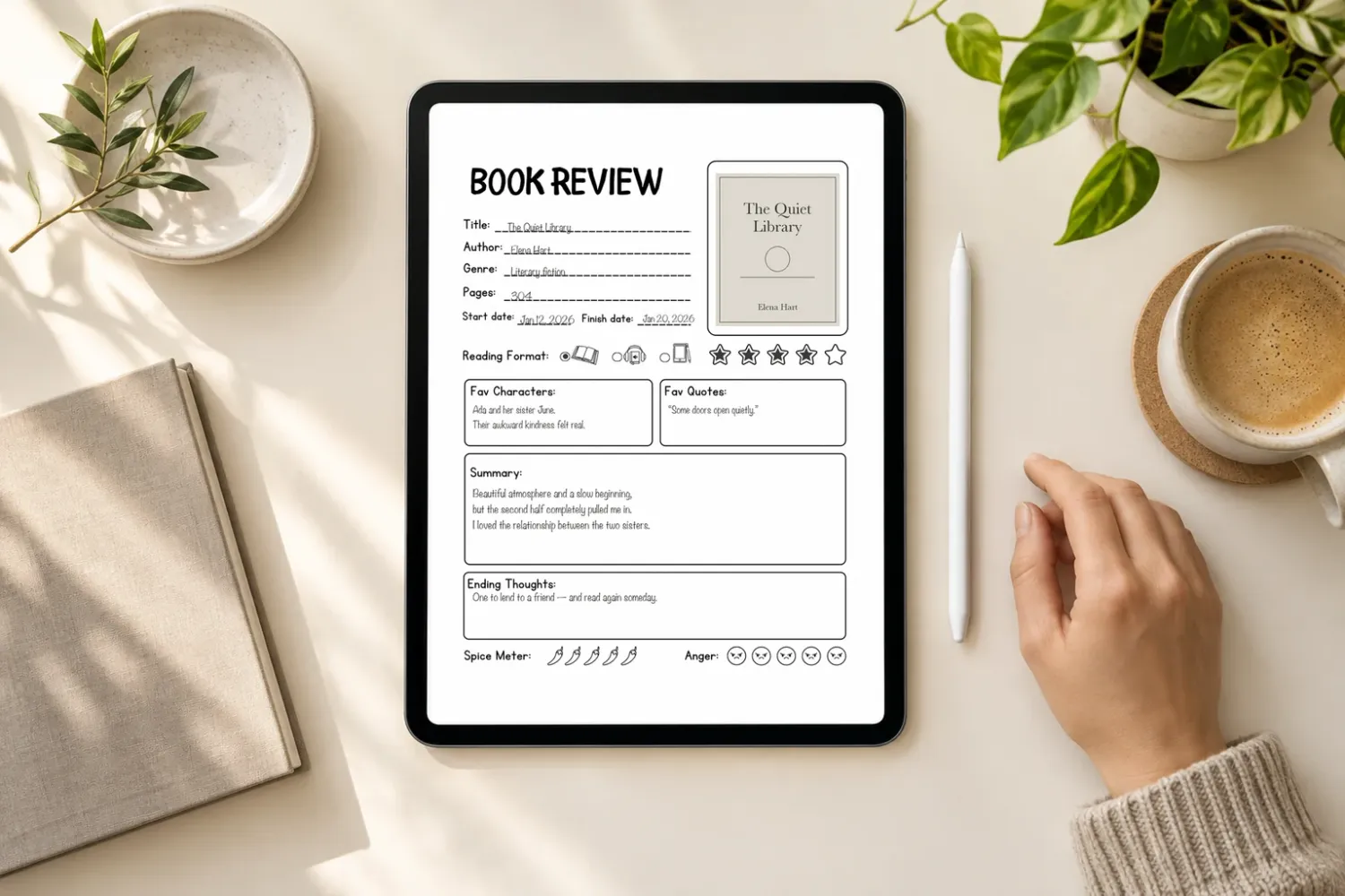 The original Book Review page with sample notes displayed on a tablet beside a stylus.