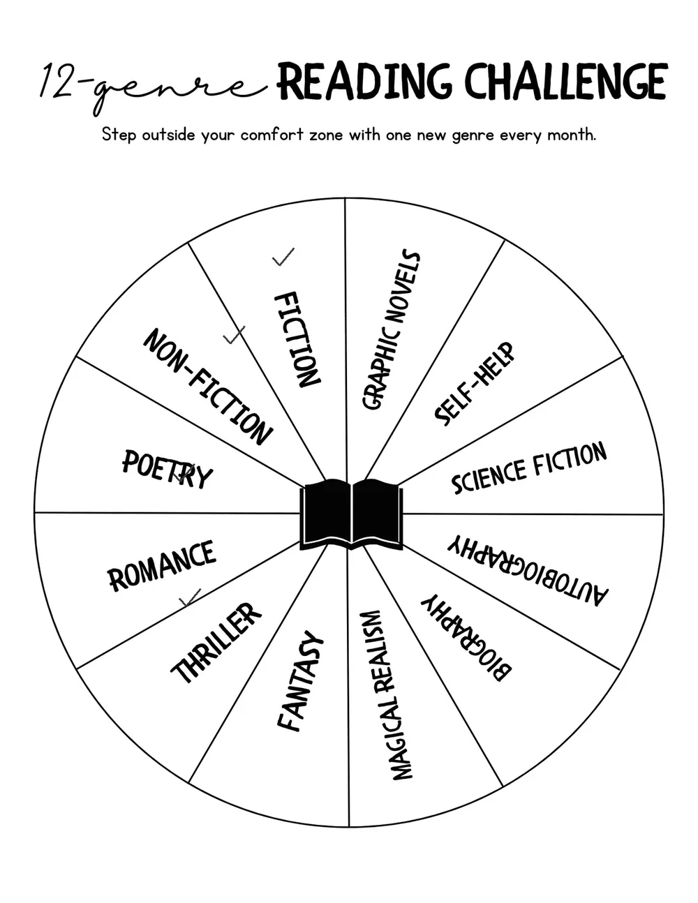 12-genre Reading Challenge with illustrative filled-in entries