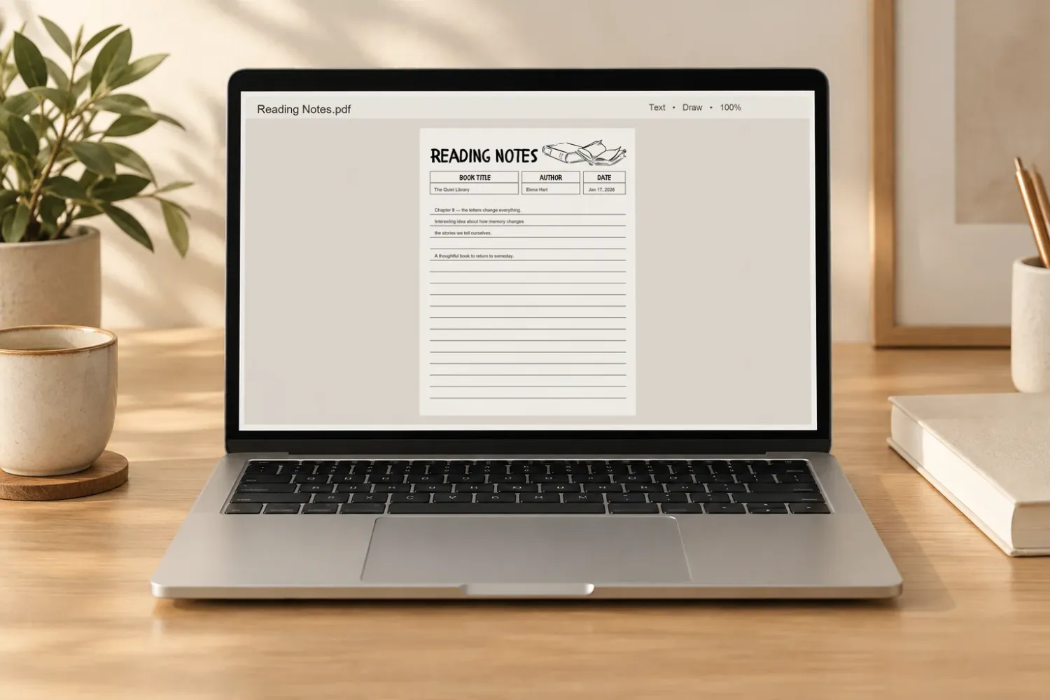 A laptop displaying an original Reading Notes page with typed example annotations in a generic PDF viewer.