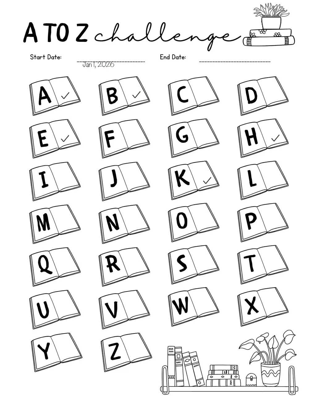 A to Z Challenge with illustrative filled-in entries