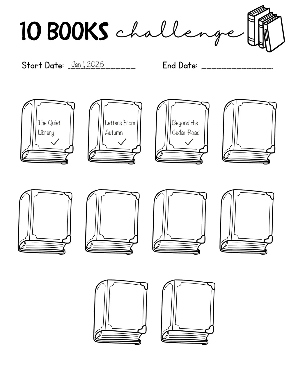 10 Books Challenge with illustrative filled-in entries