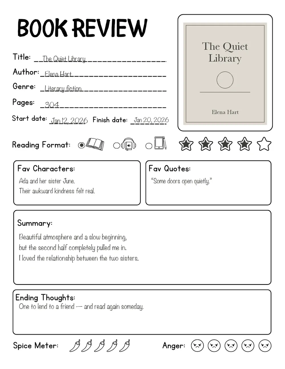 Book Review with illustrative filled-in entries